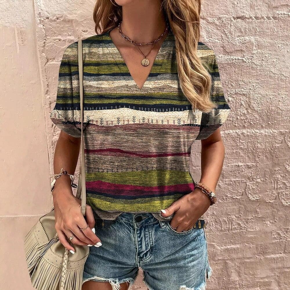 Retro Women's T-Shirt Summer V-Neck Short Sleeve Tee Casual Harajuku Stripe Print T Shirt for Women Streetwear Pullover Tops New 3XL