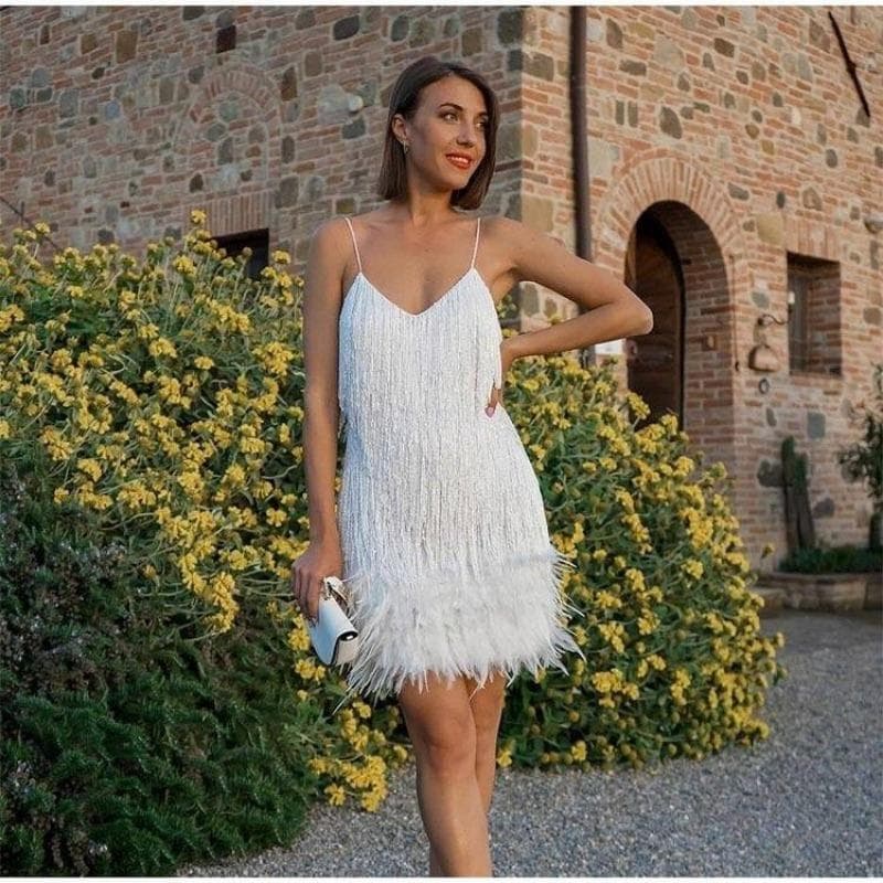 Summer Women's Halter Dress Fashion Tassel Sequins Birthday Party Sexy V-Neck Halter Feather Patchwork Dresses M white