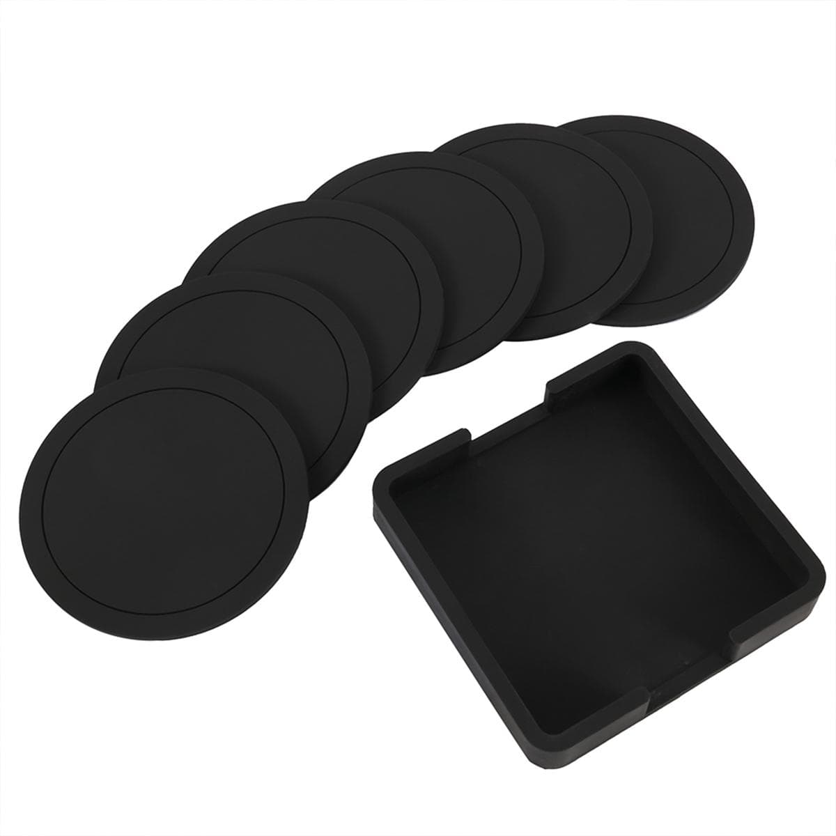 7pcs Non-slip Silicone Drinking Coaster Set Holder Cup Coaster Mat Set Black Round Silicone Mat Home Office Table Decor Cup Pad 9x9x0.3cm black