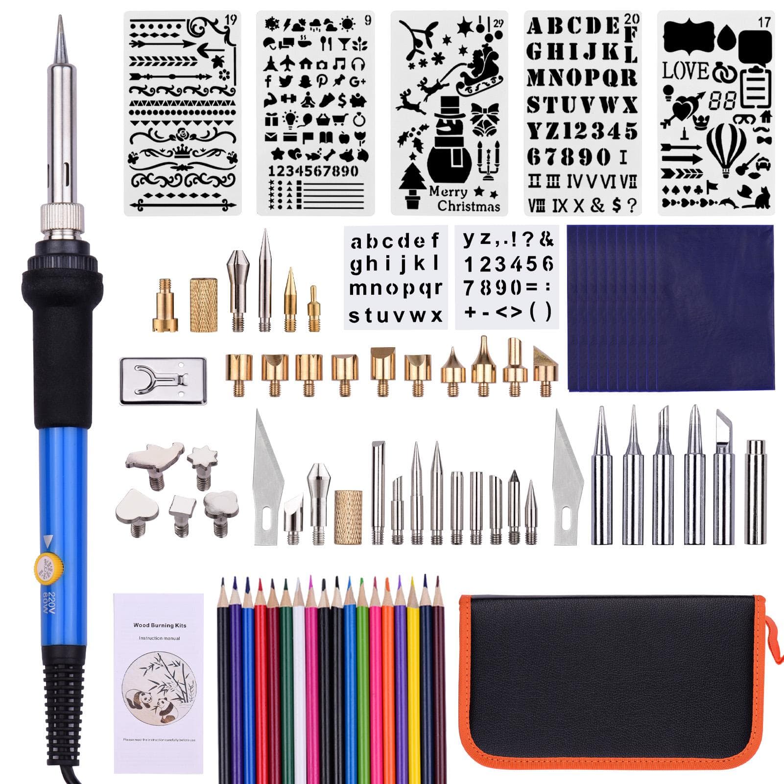 79PCS Wood Burning Tool Kit Professional Pyrography Pen Soldering Iron Set Adjustable Temperature EU Plug blue