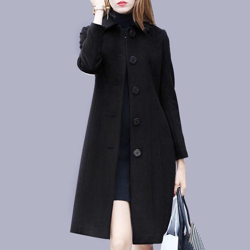 Fashion Ladies Wool Coat  Autumn Winter Mid-Length Single-Breasted Slim Blended Woolen Overcoat Red Blue Black Women Jacket L black