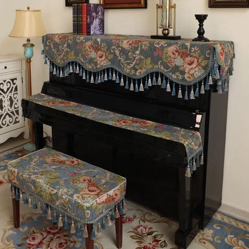 European Jacquard Chenille Piano Cover Beaded Tassel Piano Protective Case Vintage Floral Pattern Piano Stool Cover Cloth Towel key towel 180x28cm