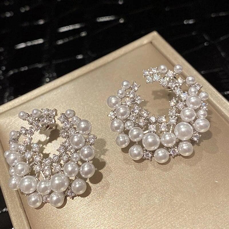 Exaggerate Irregular Circle Stud Earrings For Women Luxury Imitation Pearl Crystal Earring Wedding Bridal Accessories