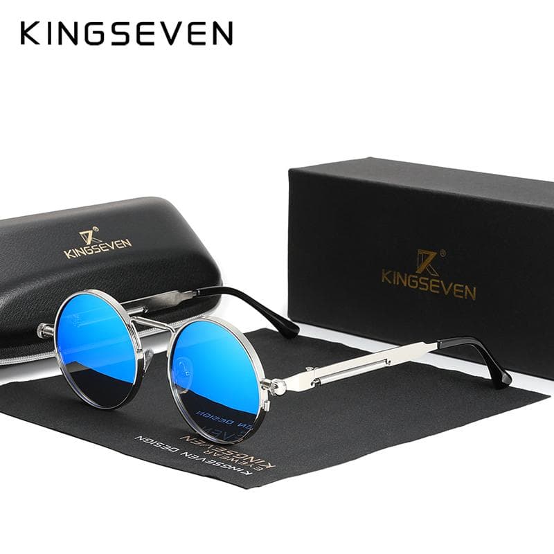 KINGSEVEN High Quality Gothic Steampunk Sunglasses Polarized Men Women Brand Designer Vintage Round Metal Frame Sun Glasses M blue