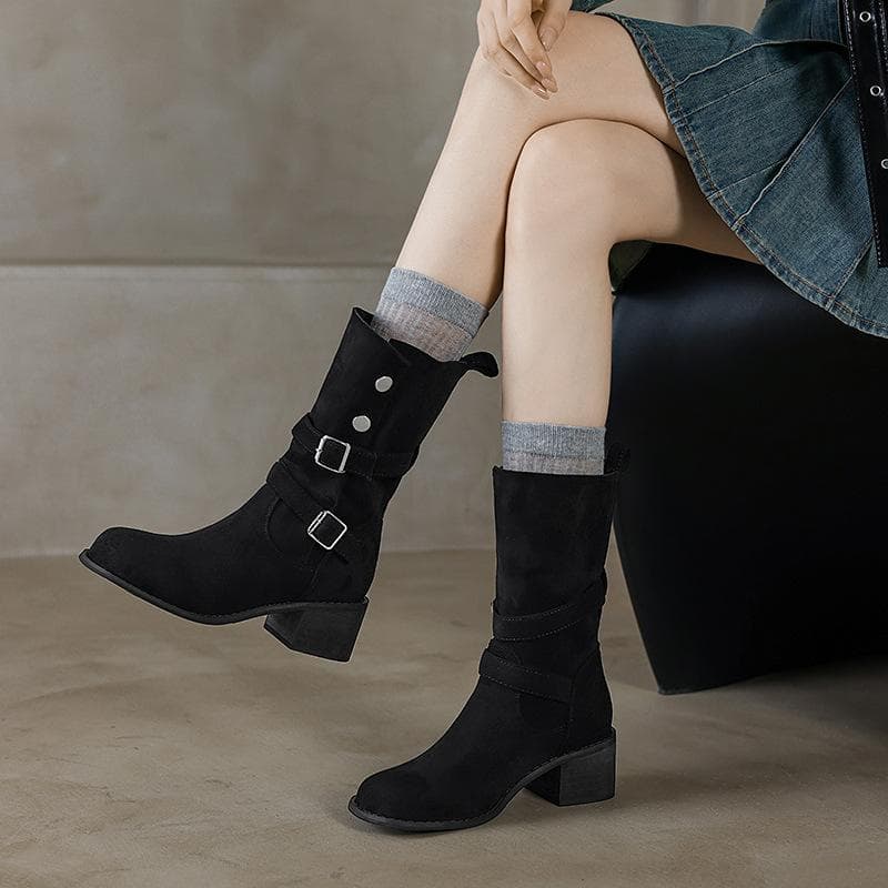 Size 42 Fashion Belt Buckle Vintage Mid-calf Boots Women Autumn Chunky Heels Western Cowboy Boots Woman PU Leather Knight Booties 42 black