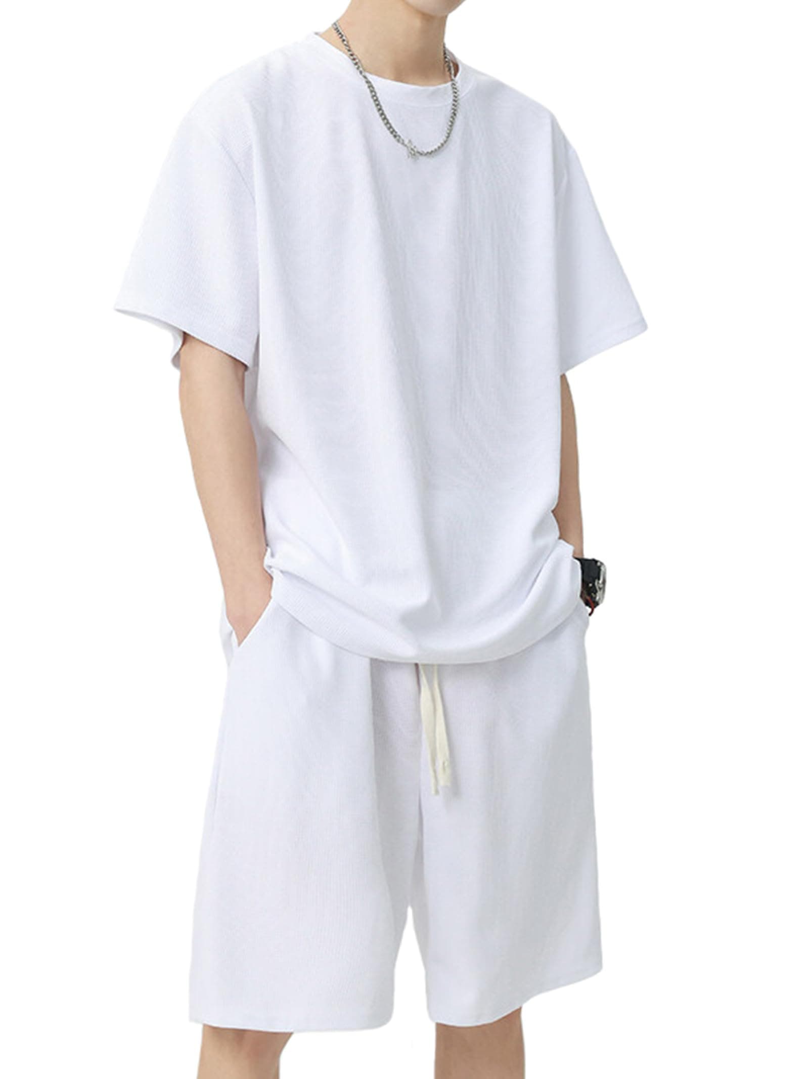 ANONIE Summer Sportswear Short Sleeve Plus Loose Size 2XL Men's T-Shirt, Set, Tracksuit, Sizes, Fit, Stylish, Casual, Loungewear, White, white