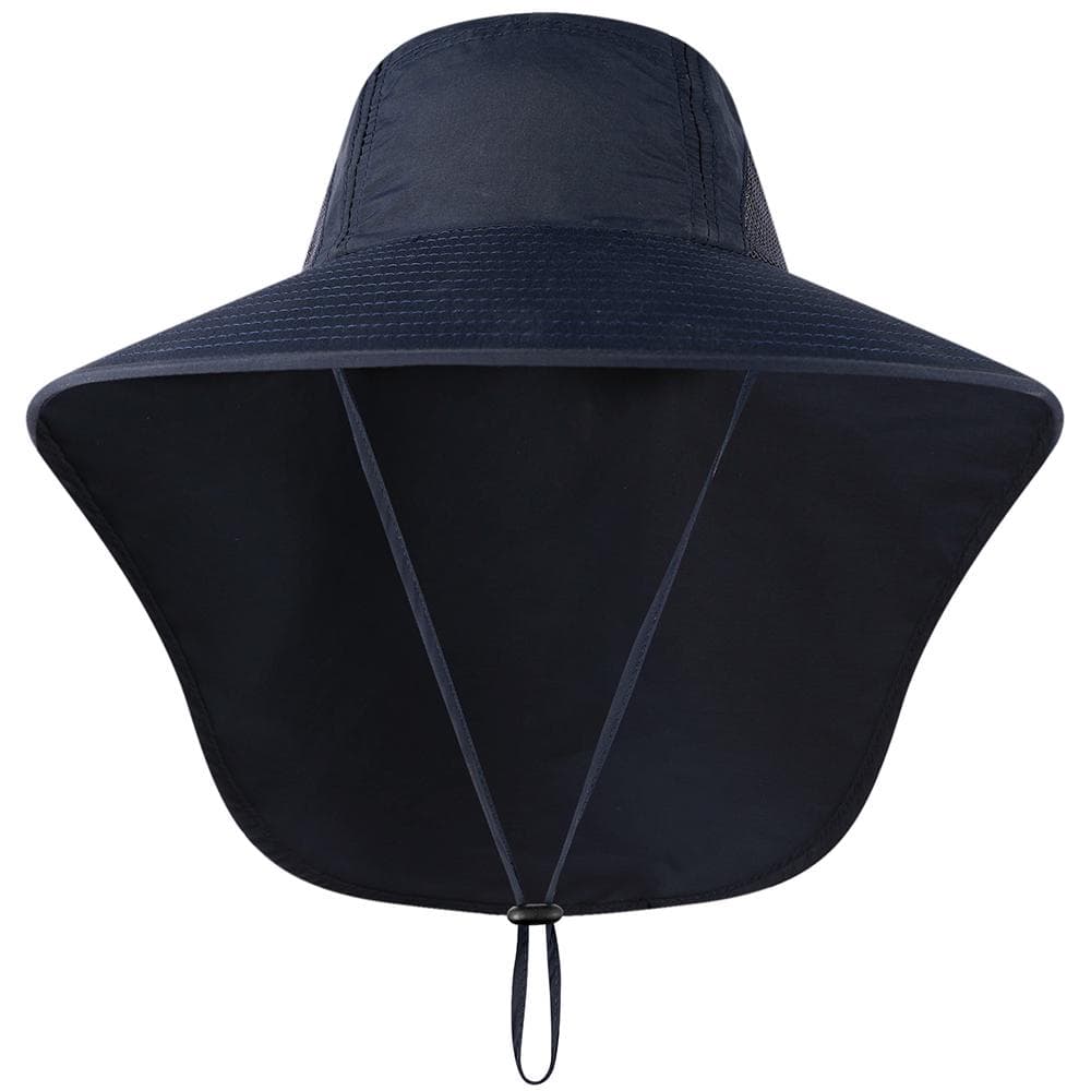 Unisex Summer UV Protection Fishing Cap Wide Brim Breathable Mesh Outdoor Fishing Climbing Hiking Sun Hat with Neck Flap dark blue