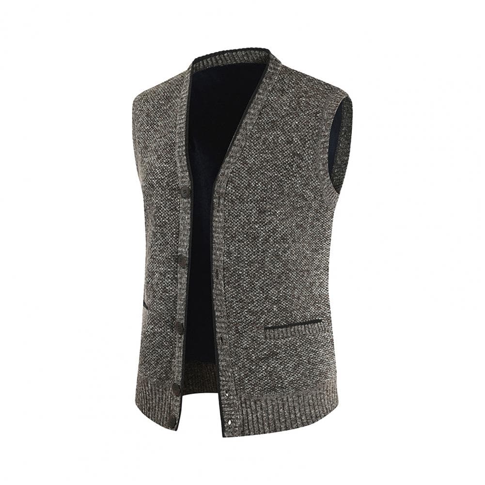 Men Sweater Vest V Neck Single-breasted Sleeveless Buttons with Pockets Elastic Thick Solid Color Knitted Top Sweater Coat M coffee