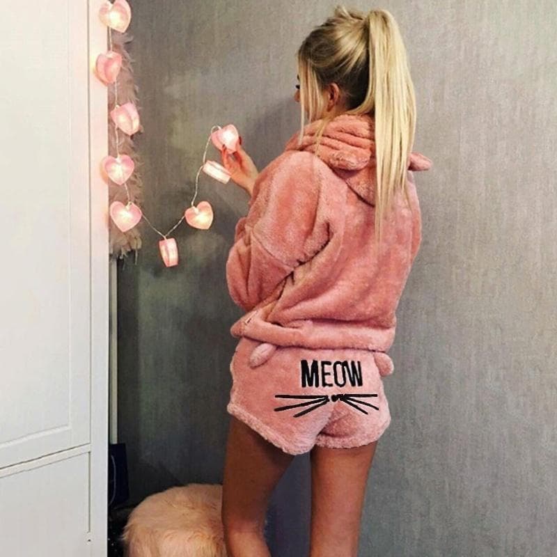 Pajamas Set Sleepwear Suits for Women Long Sleeve Velvet Hooded Sweatshirt and Shorts Fashion Homewear Suits S pink