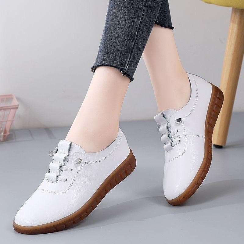Women Cow Leather Shoes Flat Oxfords Summer Casual Sneakers  Single Shoes Soft Comfortable Shoes 39 white