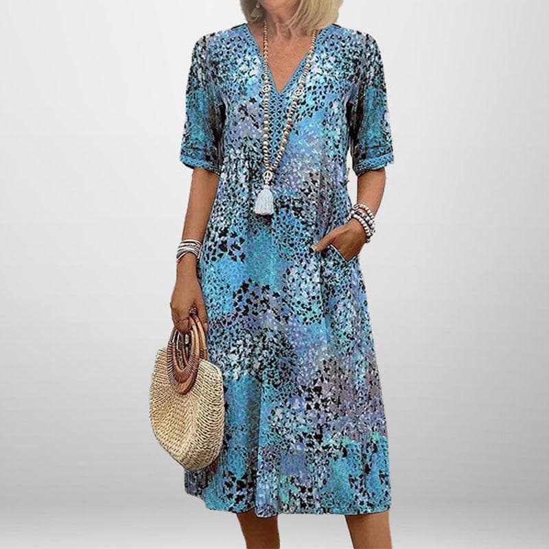New Summer Women's Clothing Elegant and Fashionable Printed V-neck Short-sleeved Dress L