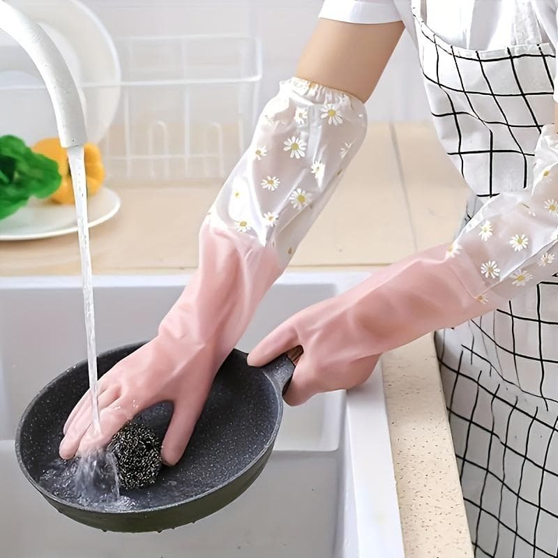 Elegant Long Sleeve Kitchen Gloves - Waterproof, Durable, Lead-Free, Efficient Household Cleaning pink