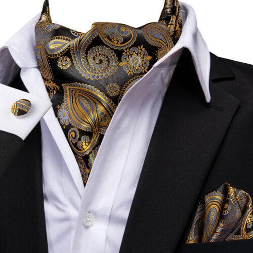 Gold Paisley Mens Silk Ascot Cravat Tie Formal Scarf Handkerchief Cufflinks Set AS-1091