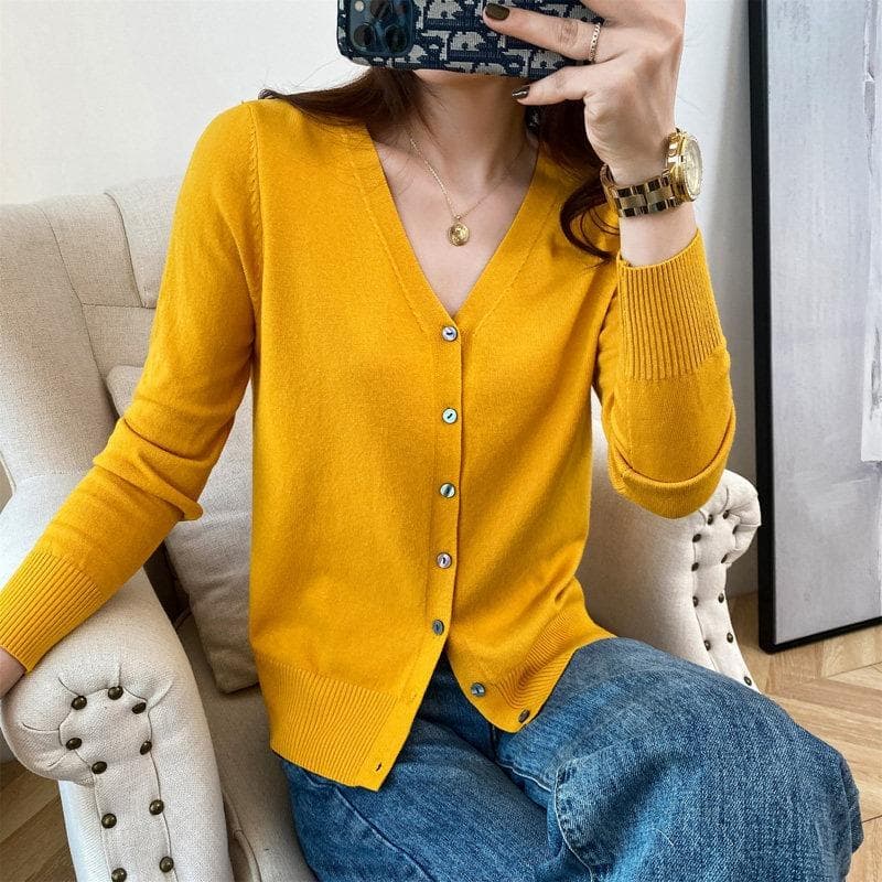 Spring and Autumn Women's Cardigan Jacket V-neck Knitted Cardigan Short Loose Peplum Sweater Thread Sweater XL yellow