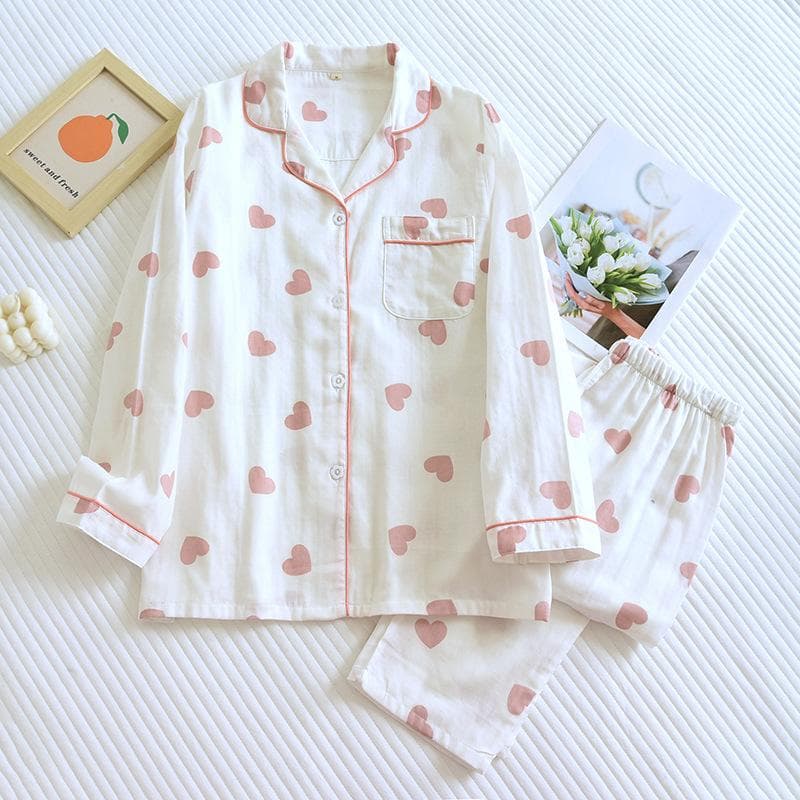New Spring and Autumn Pajama Set Women's 100% Cotton Long Sleeve Pants Two Piece Love Lovely Sweet Home Furnishing Set M white