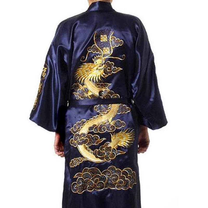 Silk Pajamas Robe Embroidery Dragon Kimono Bath Gown Sleepwear Nightgown Pajama M ultramarine blue