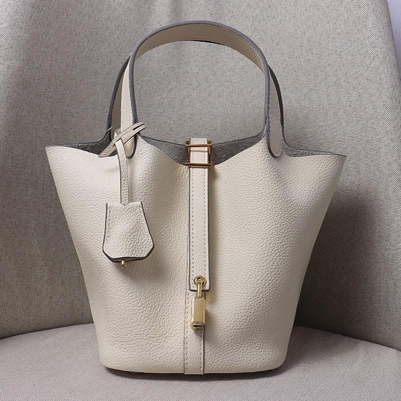 Small Genuine Leather Handbags For Women Designer Tote Bag Without Logo Natural Cowhide Ladies Basket Shopping Bags With Padlock S 22x18x21cm beige