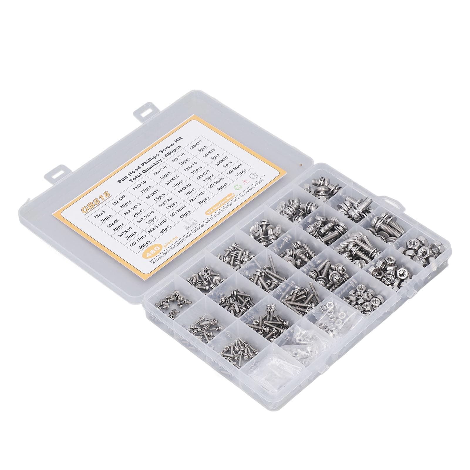 480PCS Screw Kit Pan Head Cross 304 Stainless Steel Screw Nut Washer Assortment Kit M2 M2.5 M3 M4