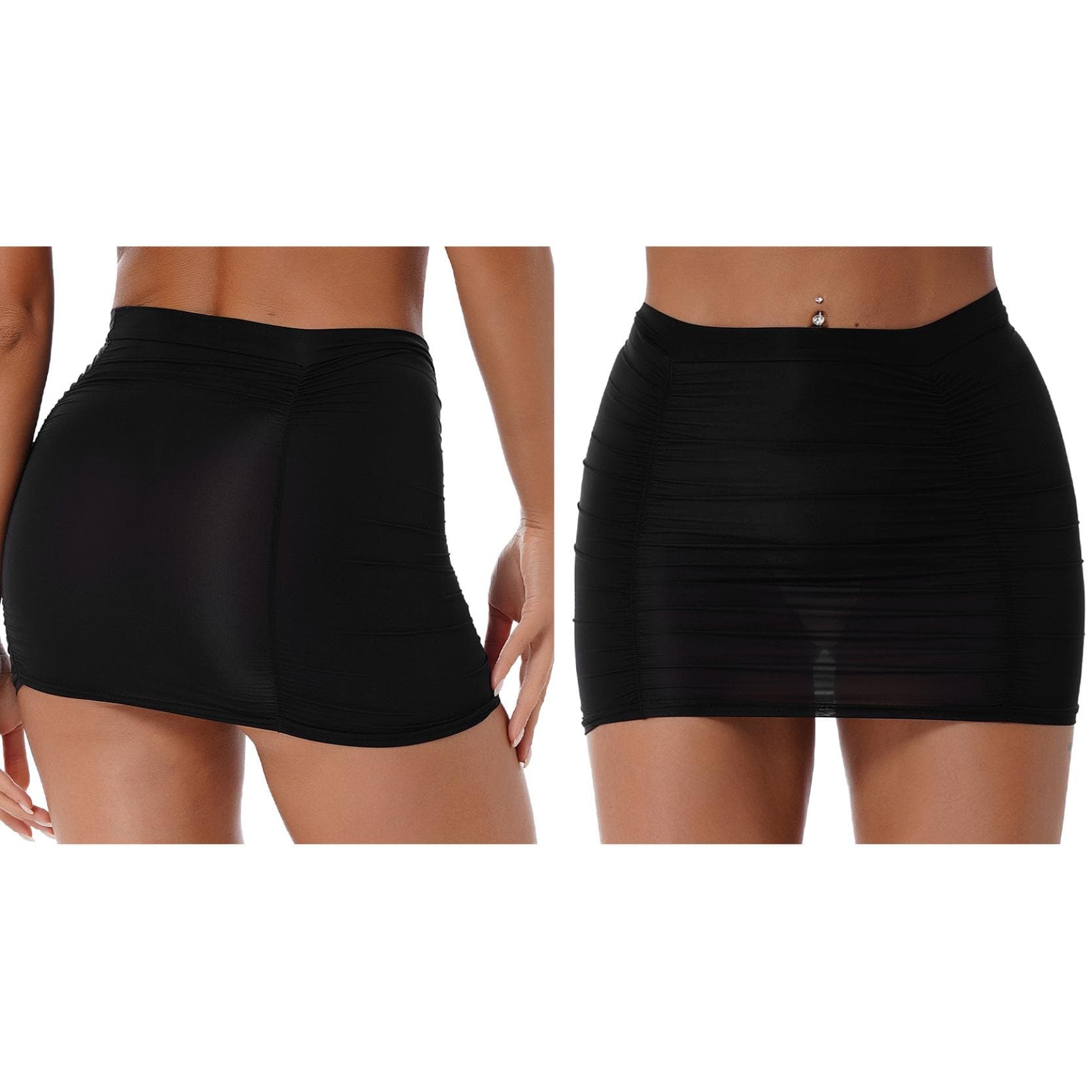 Women Bodycon Skirt Stretchy Short Mini Skirt Summer Elastic Waistband Ruched Skirt Casual One Size black