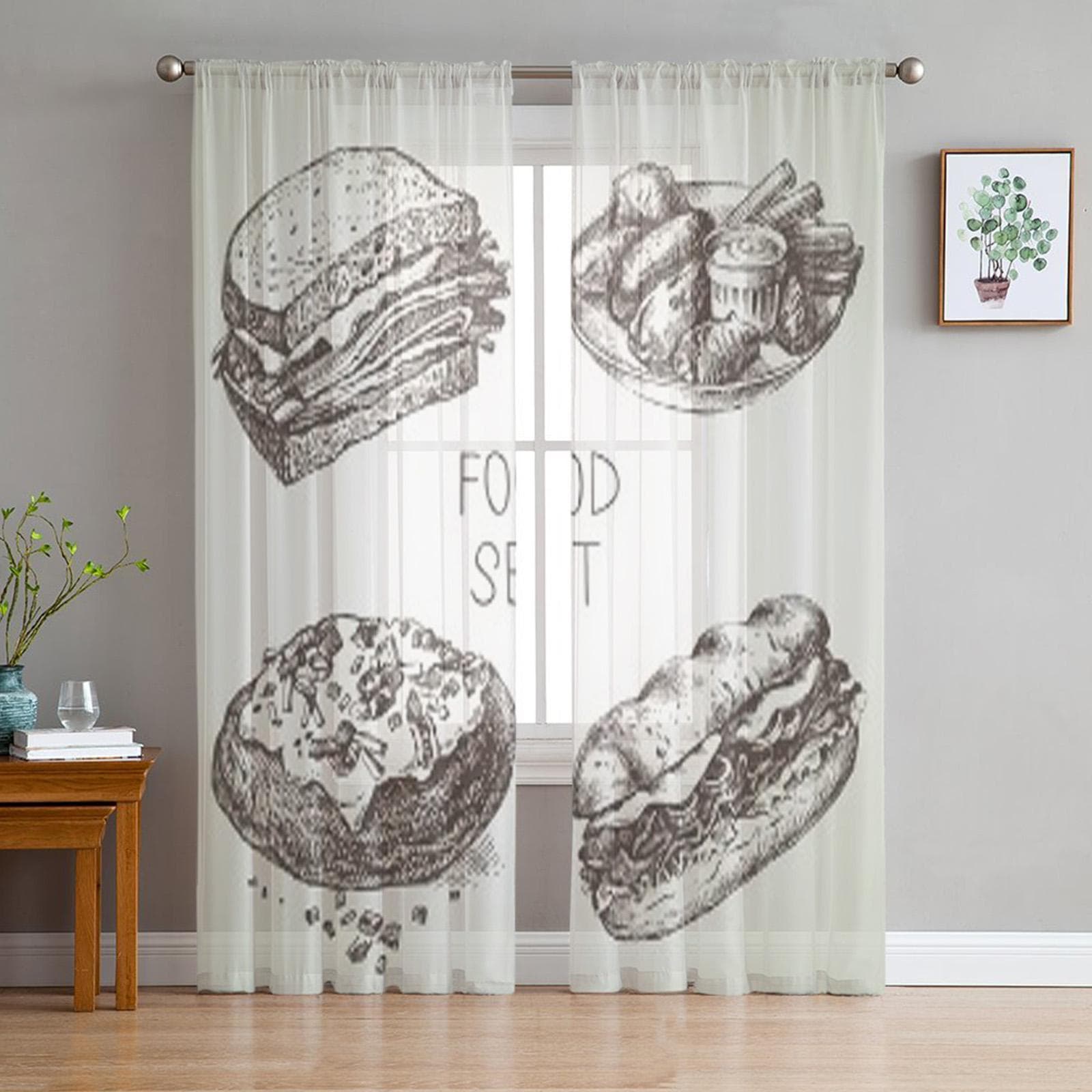 Food Sketch Set Tulle Curtains For Living Room Sheer Curtain Bedroom Veil Organza Decorative Window Treatments 135W x 114H(cm)