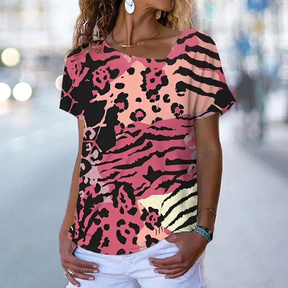 V-Neck T-Shirts For Women 3d Leopard Print Tops Tees Casual Street Femalewear Summer Fashion Oversized T-Shirt Lady Y2k Clothing L