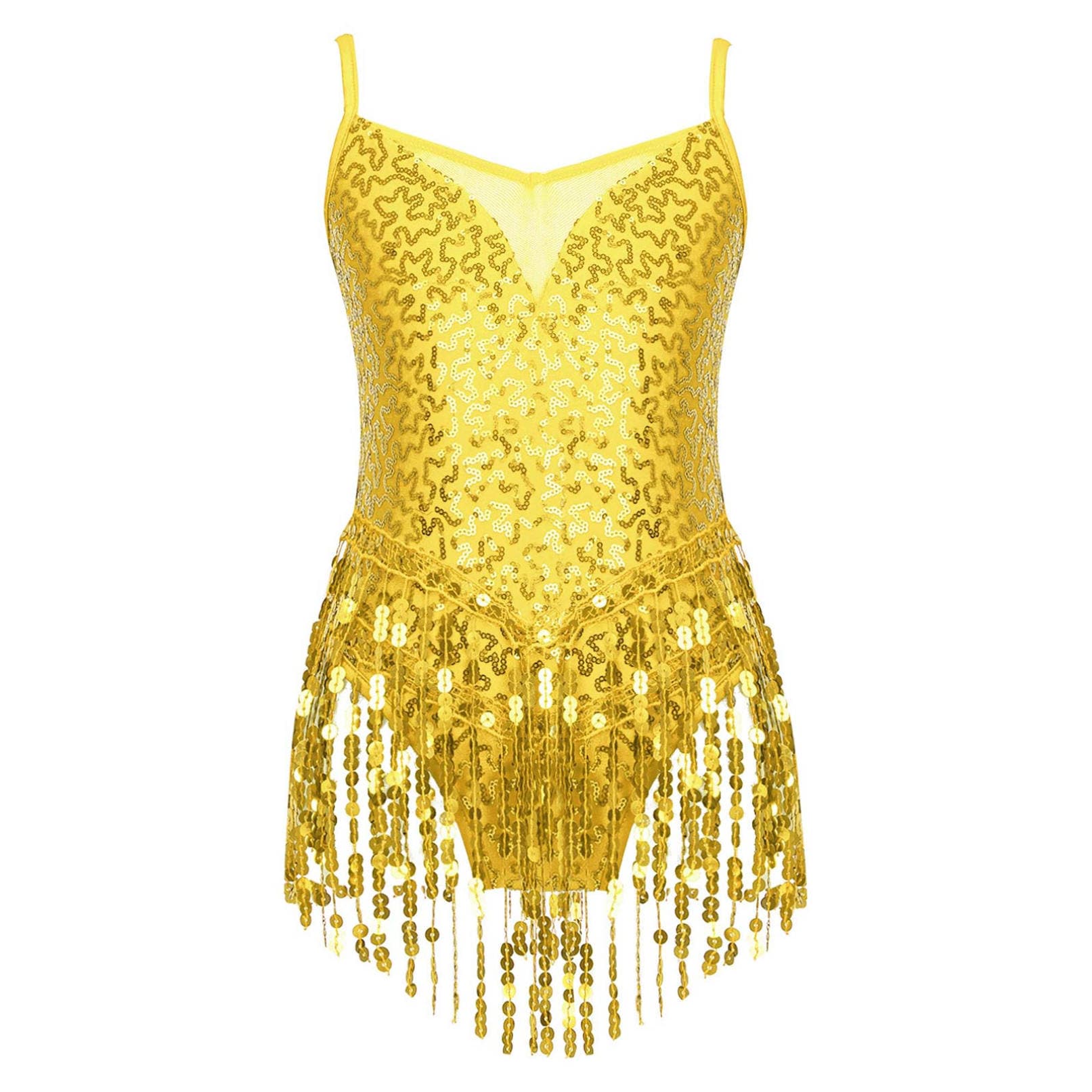 Kids Girls Stylish Dance Clothing Sleeveless Shiny Sequins Latin Tassel Dress Gymnastics Leotards Skating Dresses 11-12 Years gold