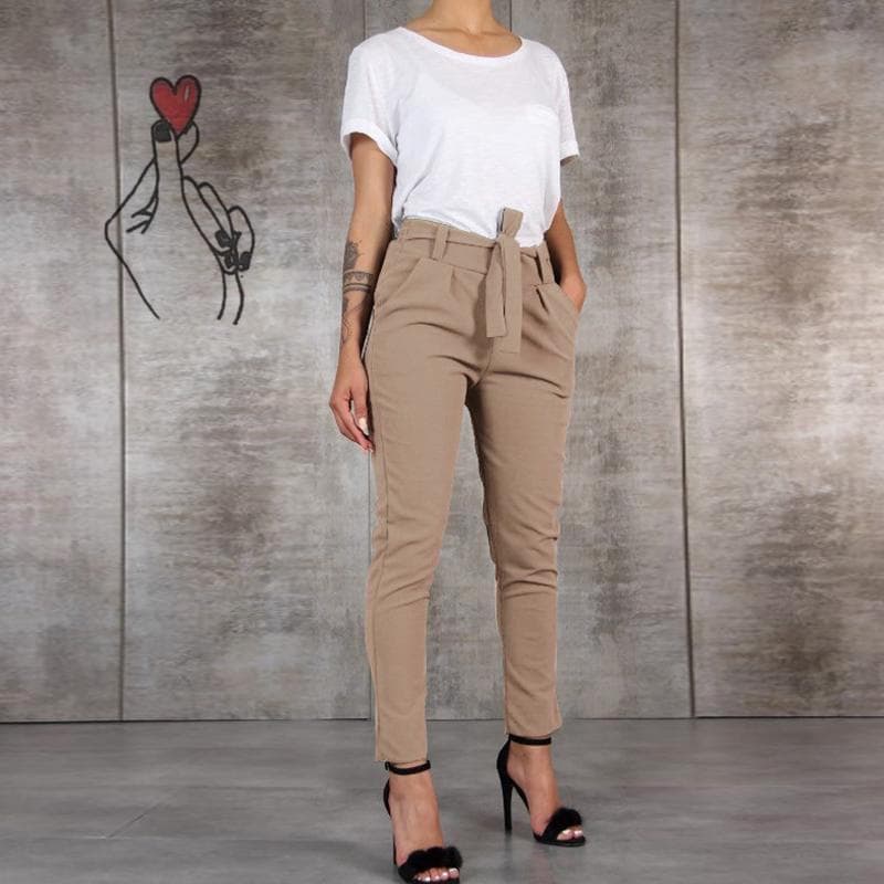 Women Slim High Waist Pants Solid Color Female Trousers Office Wear Fit Nine Points Pencil Pants XL khaki