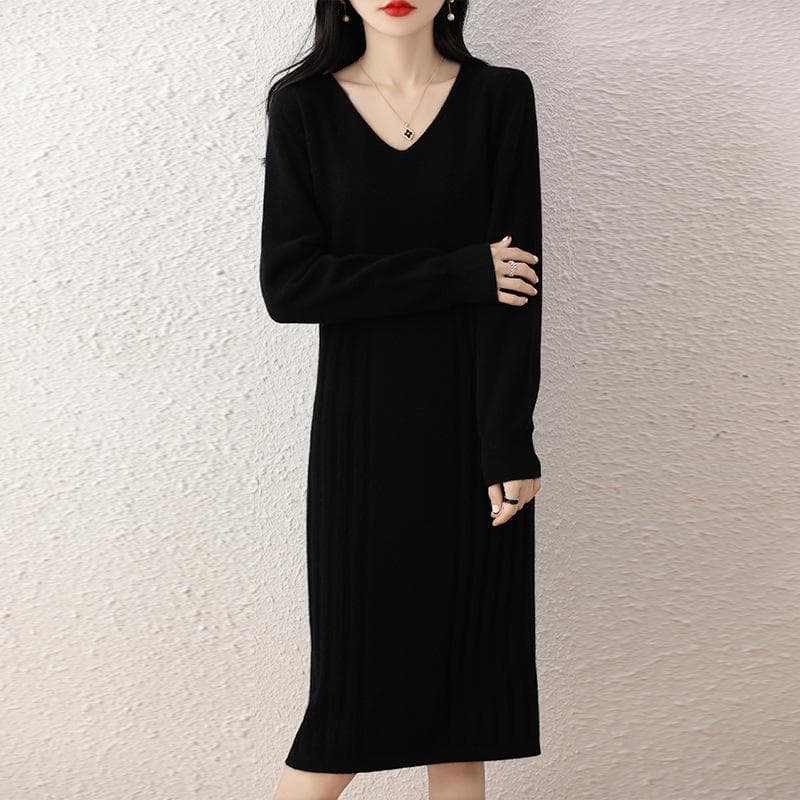 Pure Wool Strip V-neck Mid-length Dress for Women In Autumn and Winter New Fashionable and Versatile Age-reducing Slimming Over-knee Skirt XXL black