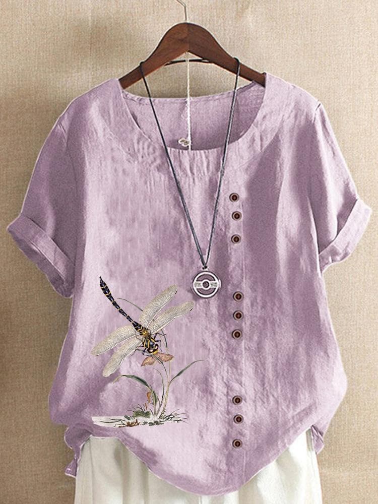 Summer Casual Dragonfly Print Loose T-shirt Retro Cotton and Linen O-neck Plus Size Short-sleeved Women's Top XS-5XL S light purple