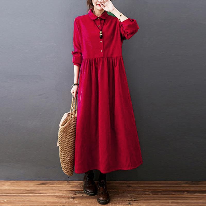 Autumn Long Corduroy Dresses Literary Plus Loose Solid Color Lapel Long Sleeve Party Dress for Women L red