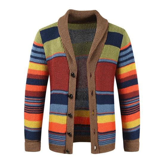 Men Fall Winter Sweater Coat Knitted Color Matching Striped Single-breasted Cardigan Loose Elastic Long Sleeve Lapel Casual Buttons Men Jacket M red