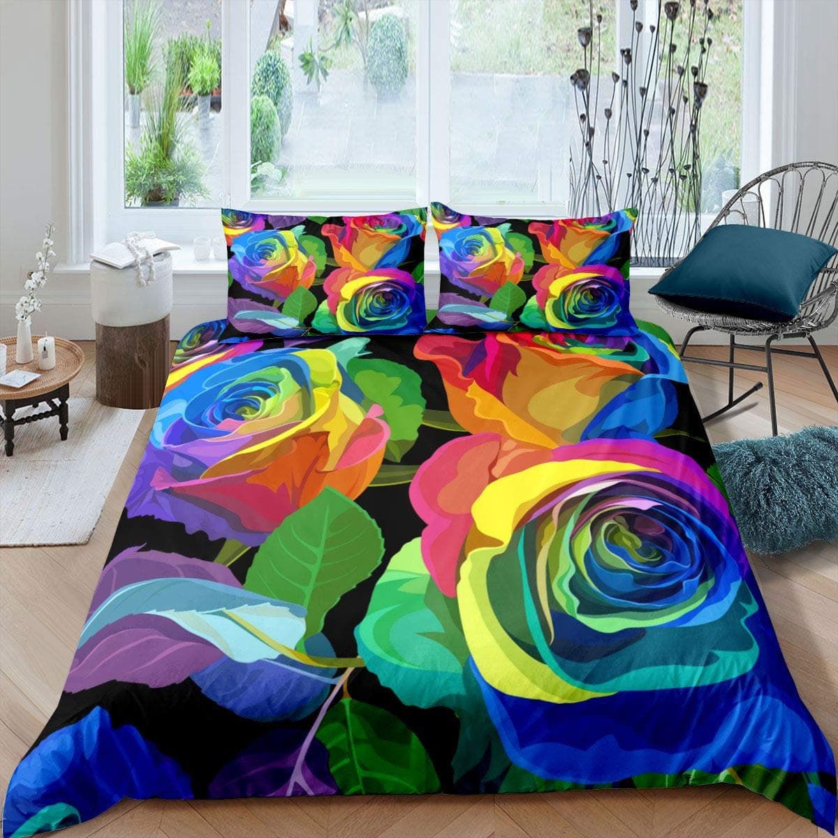 Blue Rose King Queen Bedding Set Romantic Floral Duvet Cover Abstract Water Ripples Flower Comforter Cover Polyester Quilt Cover 70x133cm 2pcs