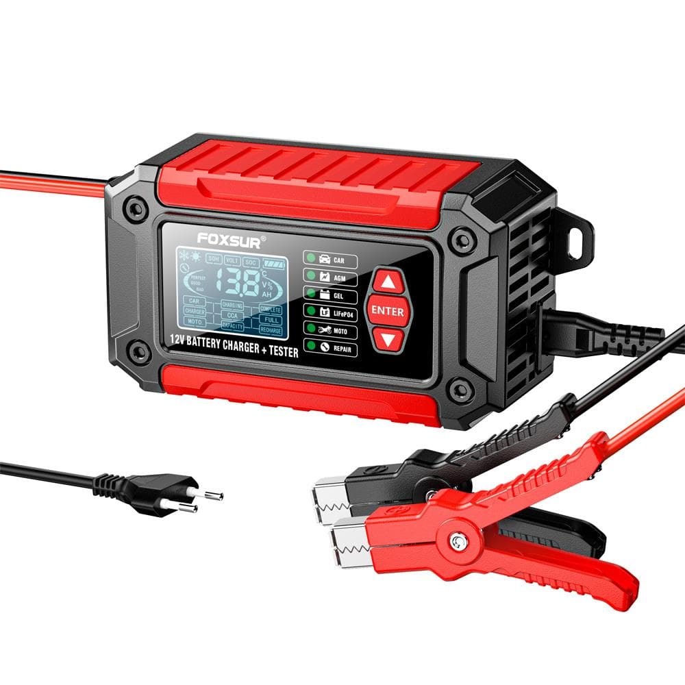 2 in 1 Car Battery Chargers and Tester 12V6A Intelligent Pulse Repairing Charge Device Automotive EU Plug red