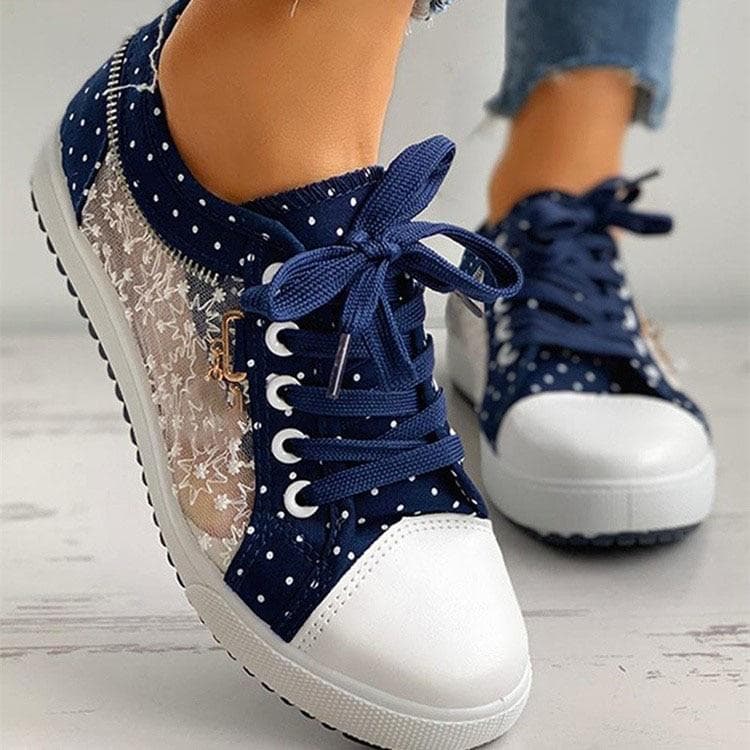Women's Mesh Flat Sneakers Casual Round Toe Lace Up Low Top Shoes Versatile Flat Shoes 43 navy blue
