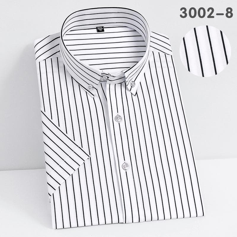 Short Sleeve Strech Striped Shirts for Men Summer Soft Business Mens Dress Shirt Casual Regular Fit Quality No Front Pocket XXXL white