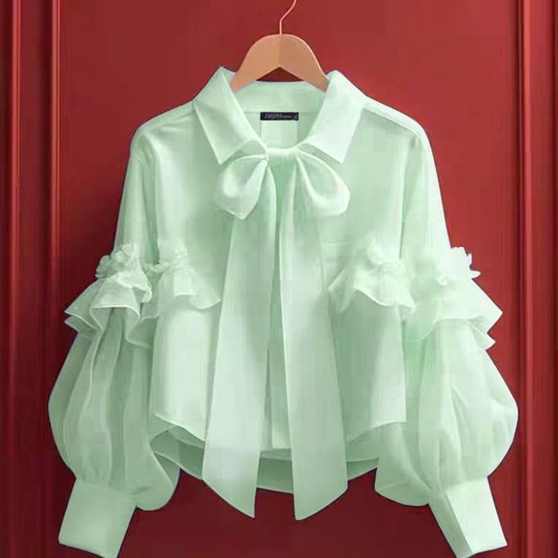 ZANZEA Women Casual Shirt Collar Long Sleeve Tie Shirts M green
