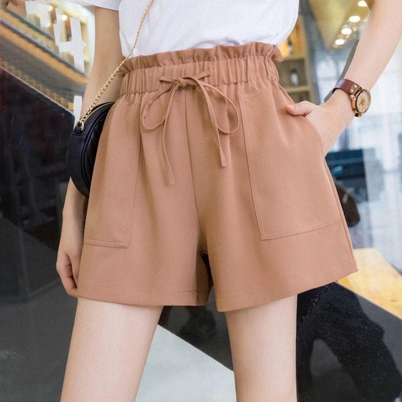 Casual Shorts Women, Summer New High-waisted Wide-leg Pants, Korean Version of The Pocket Loose Thin Hundred Shorts Women 3XL Recommended 145-80kg khaki