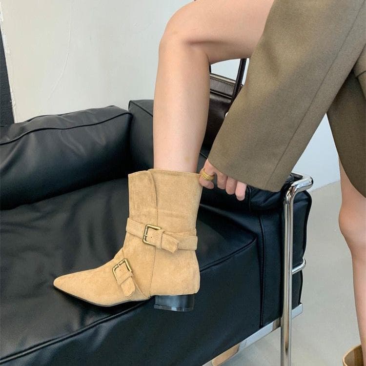 Leisure Ankle Boots  New Simple Commuting Round Toe Leather Boots Flat Bottomed Belt Buckle Women's Shoes Zapatos De Mujer 40 apricot