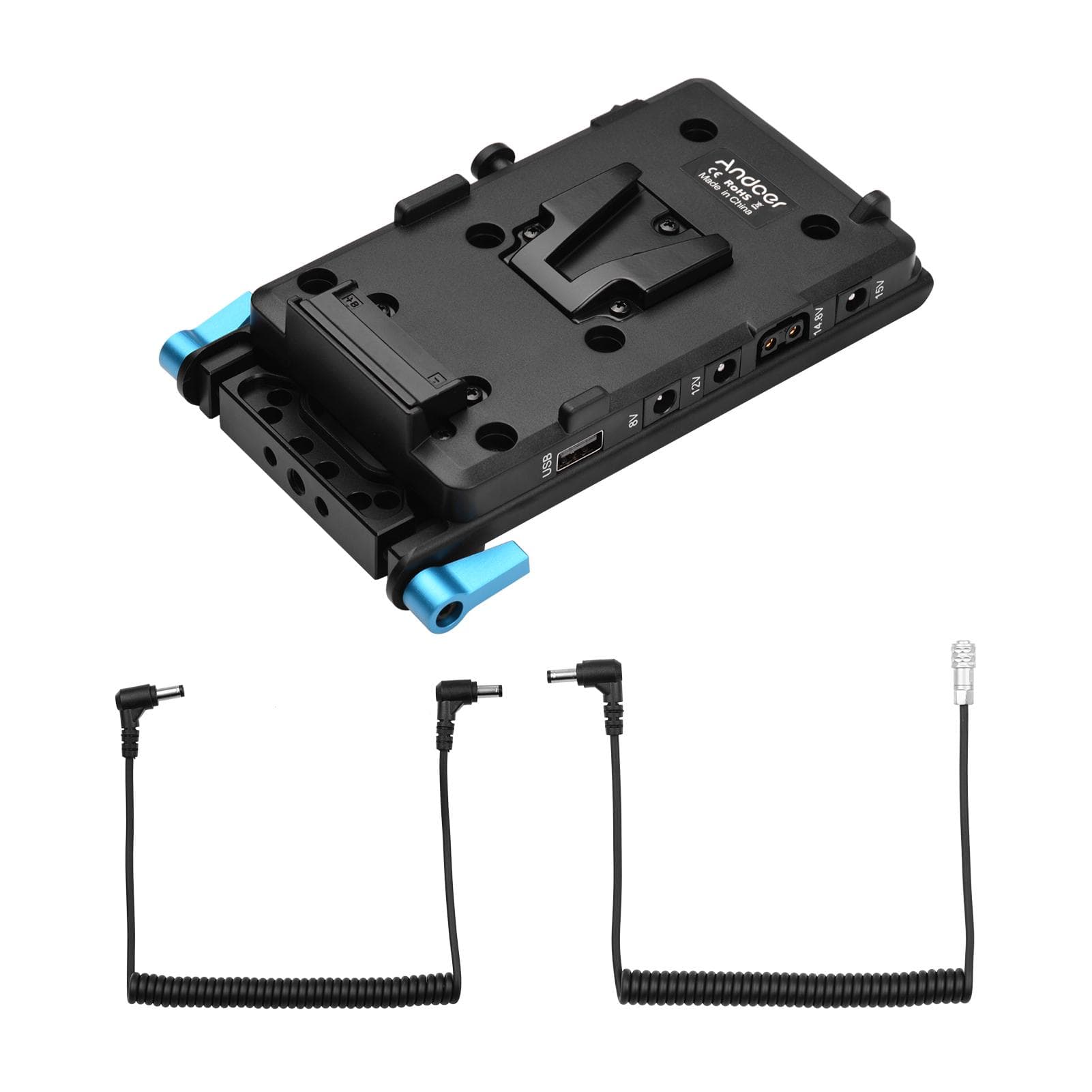 Andoer V Mount V-lock Battery Plate Adapter with 15mm Dual Hole Rod Clamp Power Adapter Replacement Power adapter for BMPCC 4K 6K camera black