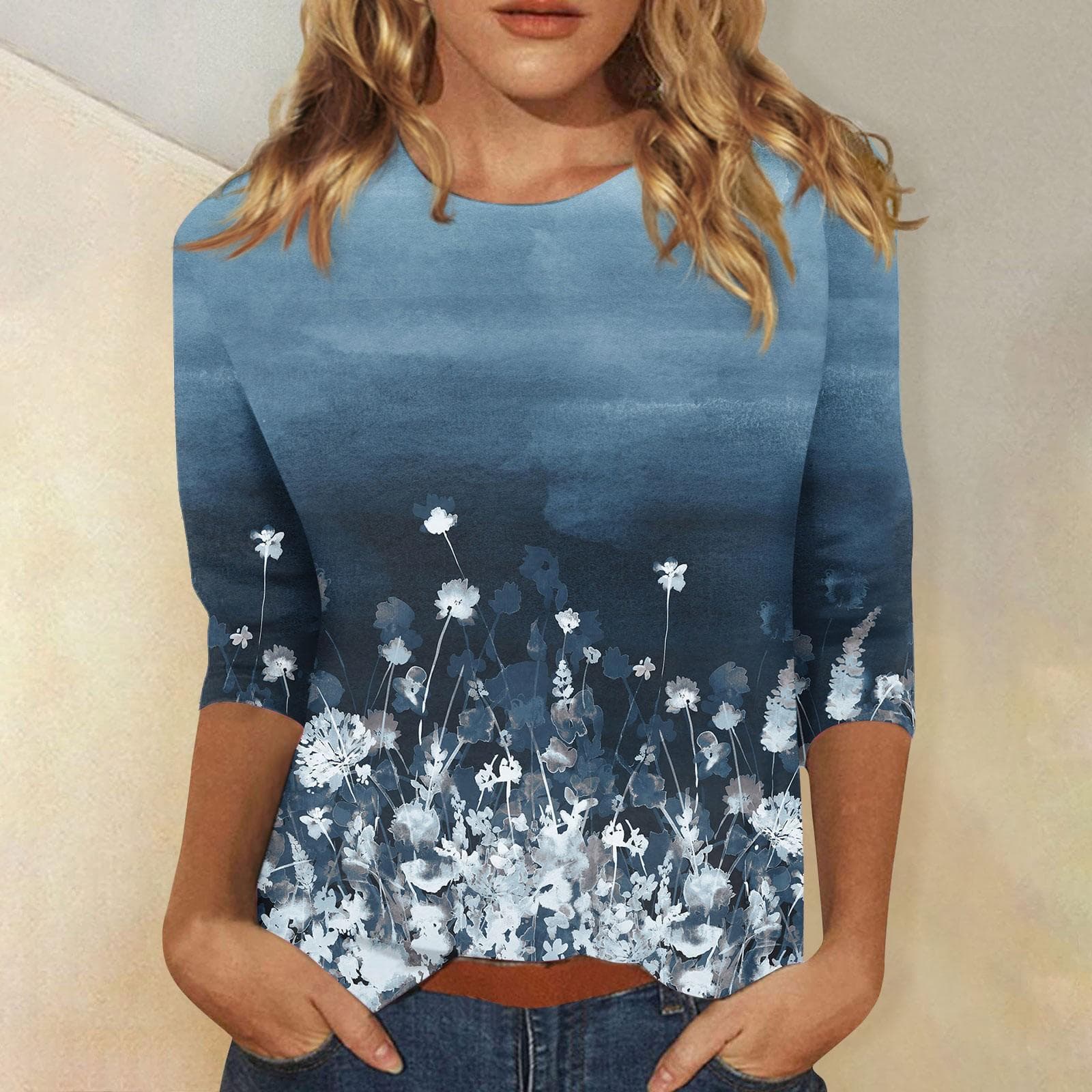 Women Summer Tops Comfortable T Shirt Fashion Flower Print Round Neck 3/4 Sleeve Tops Soft Versatile Pullover Ropa De Mujer M