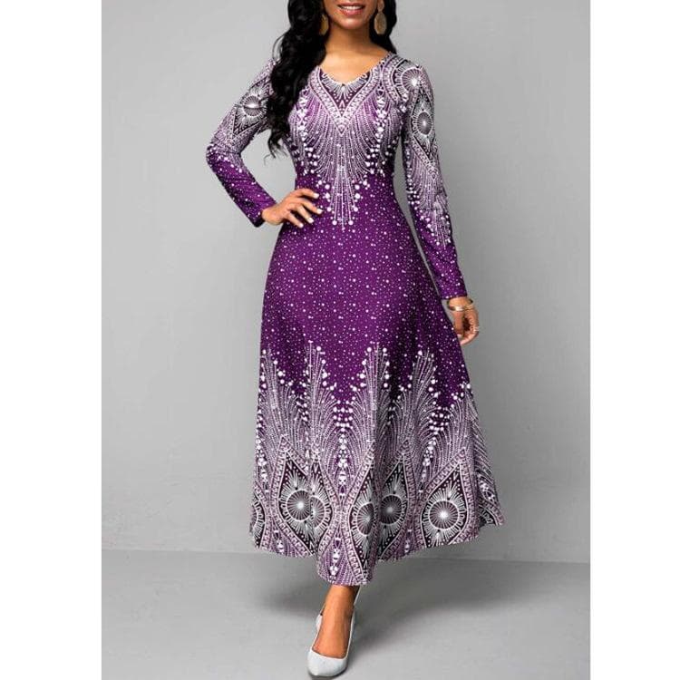 Elegant Floral Print Cut Out Dress, Half Sleeve Crew Neck Dress For Party & Banquet, Women's Clothing L purple
