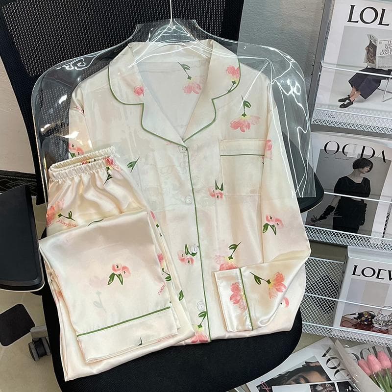 Pajamas Women's Silk Long-sleeved Pajamas Pajamas Suit Flower Printed High-grade Ice Silk Can Be Worn Outside Home Wear Pajamas M