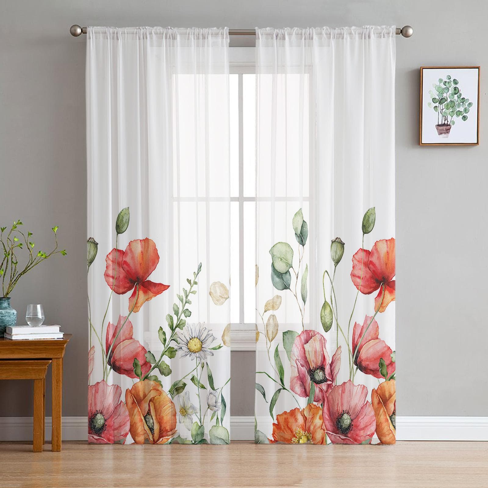 Spring Plant Daisy Eucalyptus Poppy Flower Voile Sheer Curtains Living Room Window Tulle Curtain Kitchen Bedroom Home Decor 135W x 114H(cm)