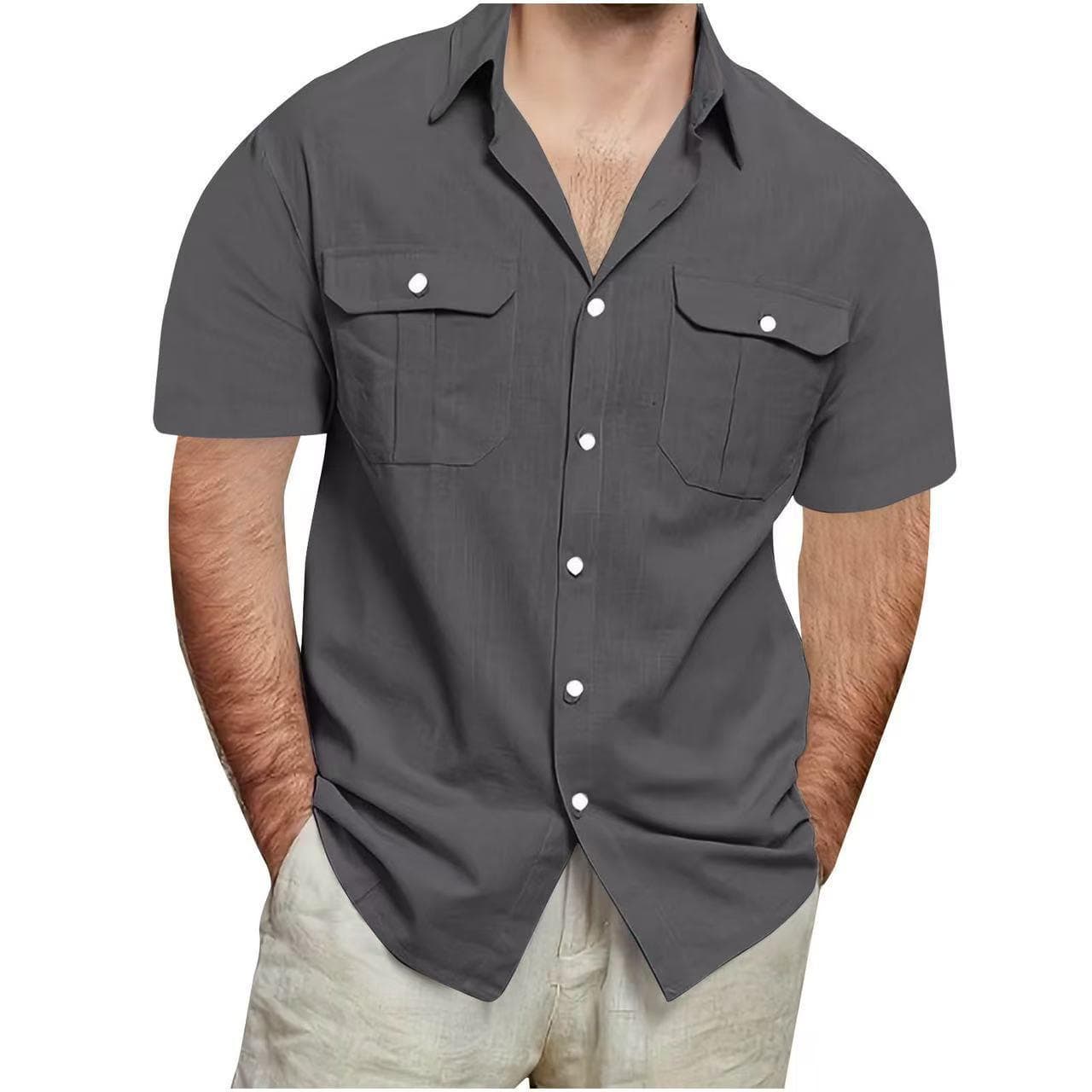 Summer Men's Short Sleeve Double Pocket Shirts Solid Color Loose Casual Shirt Men M dark grey