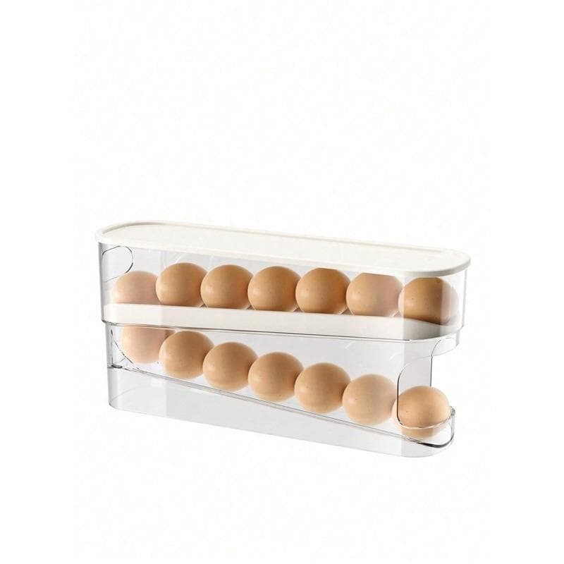 Automatic Double-Deck Egg Holder, Egg Saver, Sliding Container Holds 12-14 Eggs - Hinged Design White - Double Layer multicolour