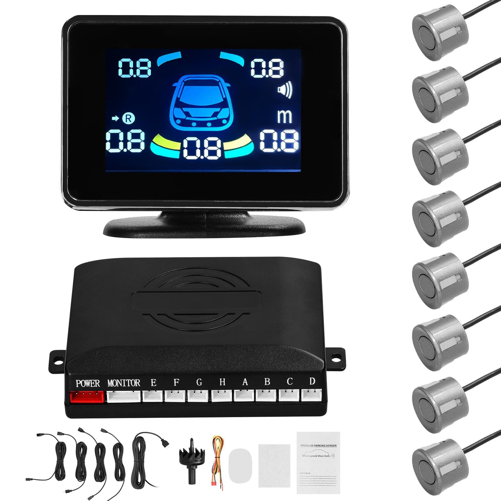 Car Parking Sensor Reversing Radars System Front & Rear Support Sound WarningBuzzerMute with 8 grey