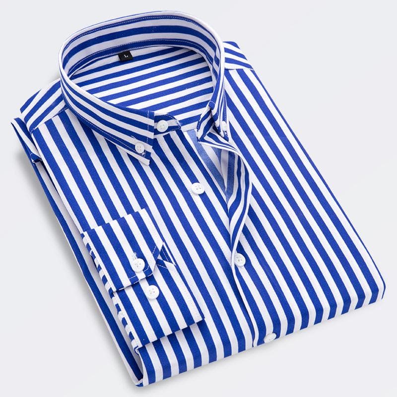 Men's Slim Korean Style Casual Striped Long-Sleeve Shirt L lake blue