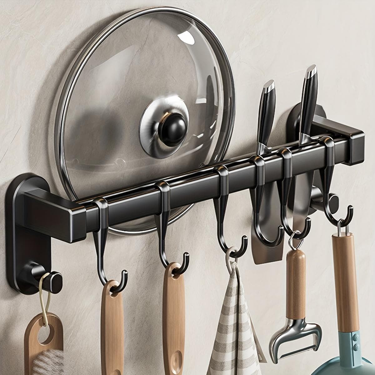 Multi-functional Kitchen Organizer - Chopsticks, Knives, Condiments, Etc | Easy To Install with Adhesive Total length 13.78 inches black