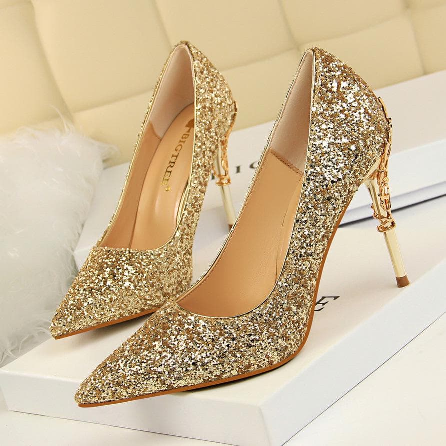 BIGTREE Women's Fashion Sexy Metal Heel Thin Heel High Heel Shallow Mouth Pointed Sequin Shoes 39 golden