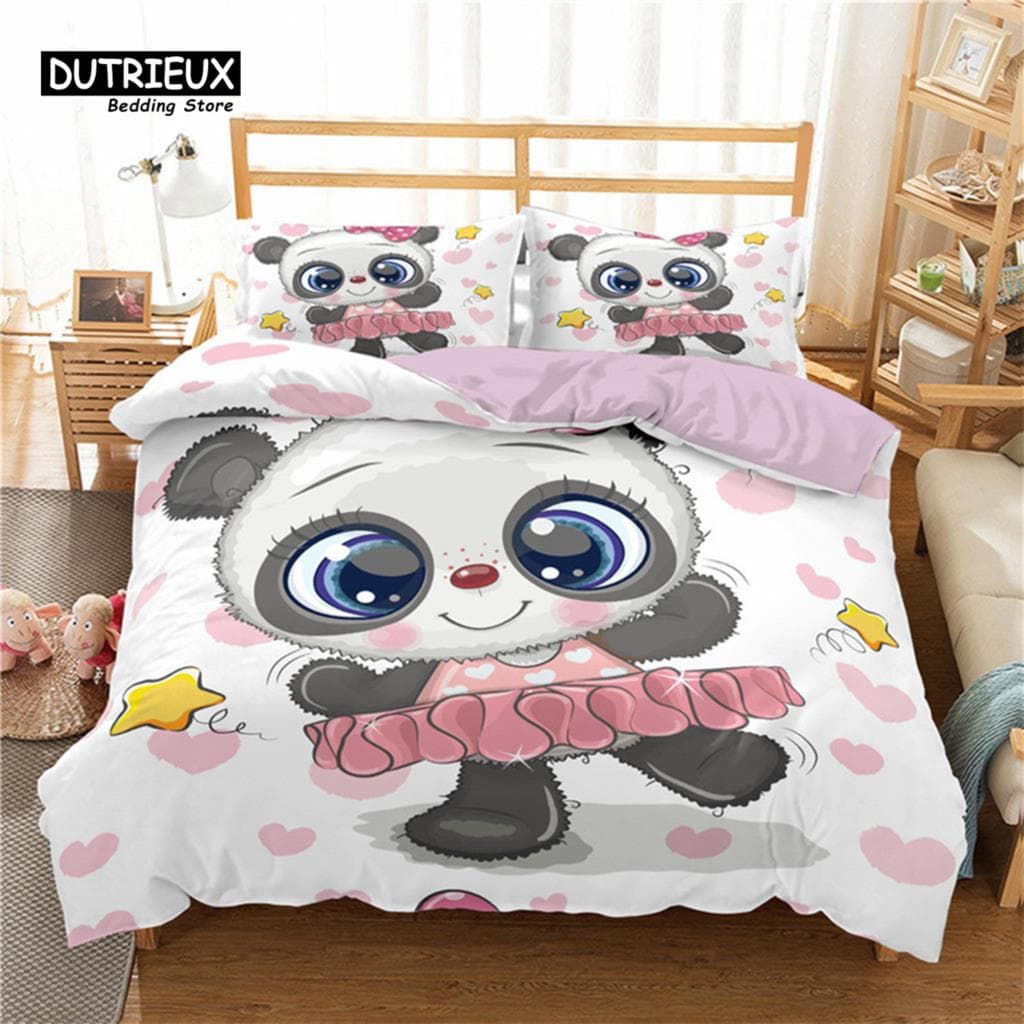 Cartoon Cute Panda Duvet Cover Twin For Boys Girls Kids Teens Soft Animal Theme Panda Bedding Set With Pillowcases Bedroom Decor EU SK(260x220cm)